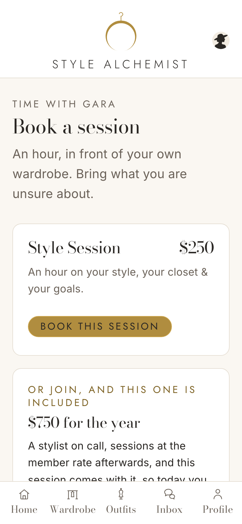 The Book a Style Session screen